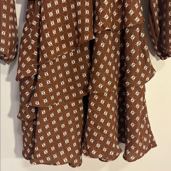 Printed Collared Long Sleeve Tie Waist Tiered Mini Dress - Picture 7 of 12